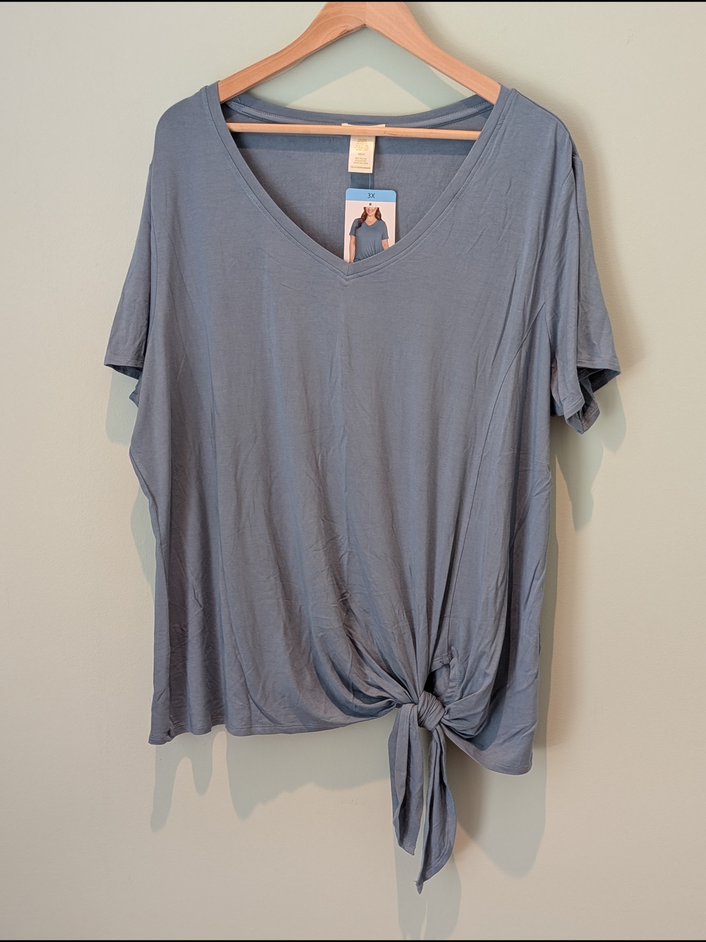 New Women’s Plus Tie-Front V-Neck Top - Dusty Blue